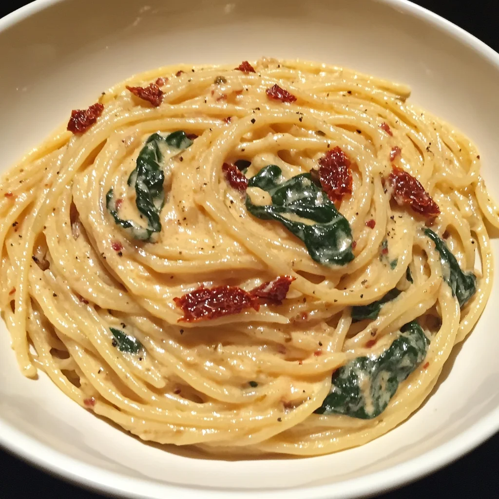 Spaghetti and Spinach with Sun-Dried Tomato Cream Sauce Recipe