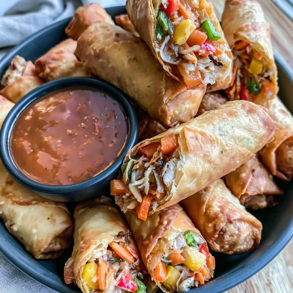 Healthy Air Fryer Chicken and Veggie Spring Rolls Recipe with Peanut Sauce