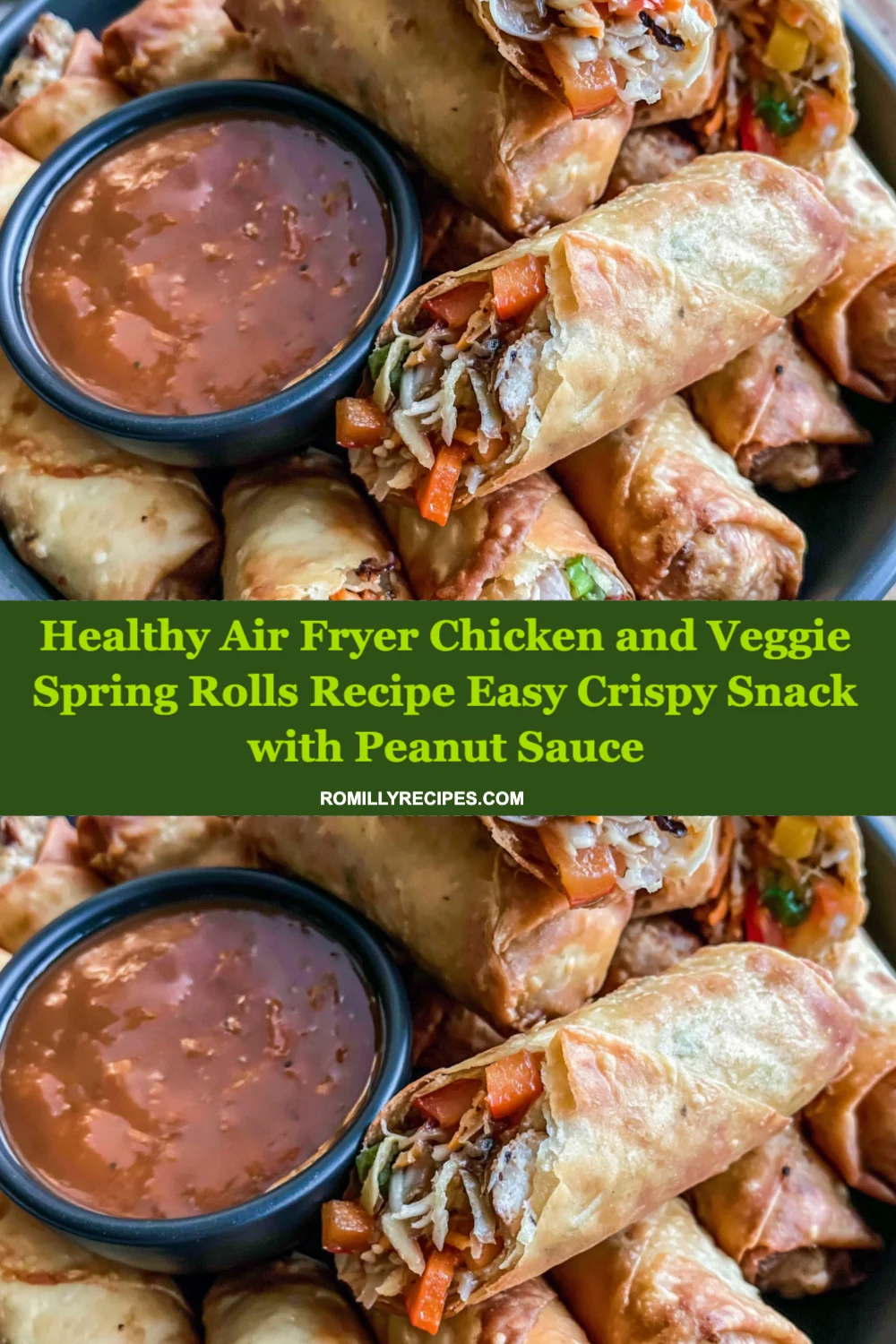 Crispy Healthy Air Fryer Chicken and Veggie Spring Rolls with Peanut Sauce Recipe