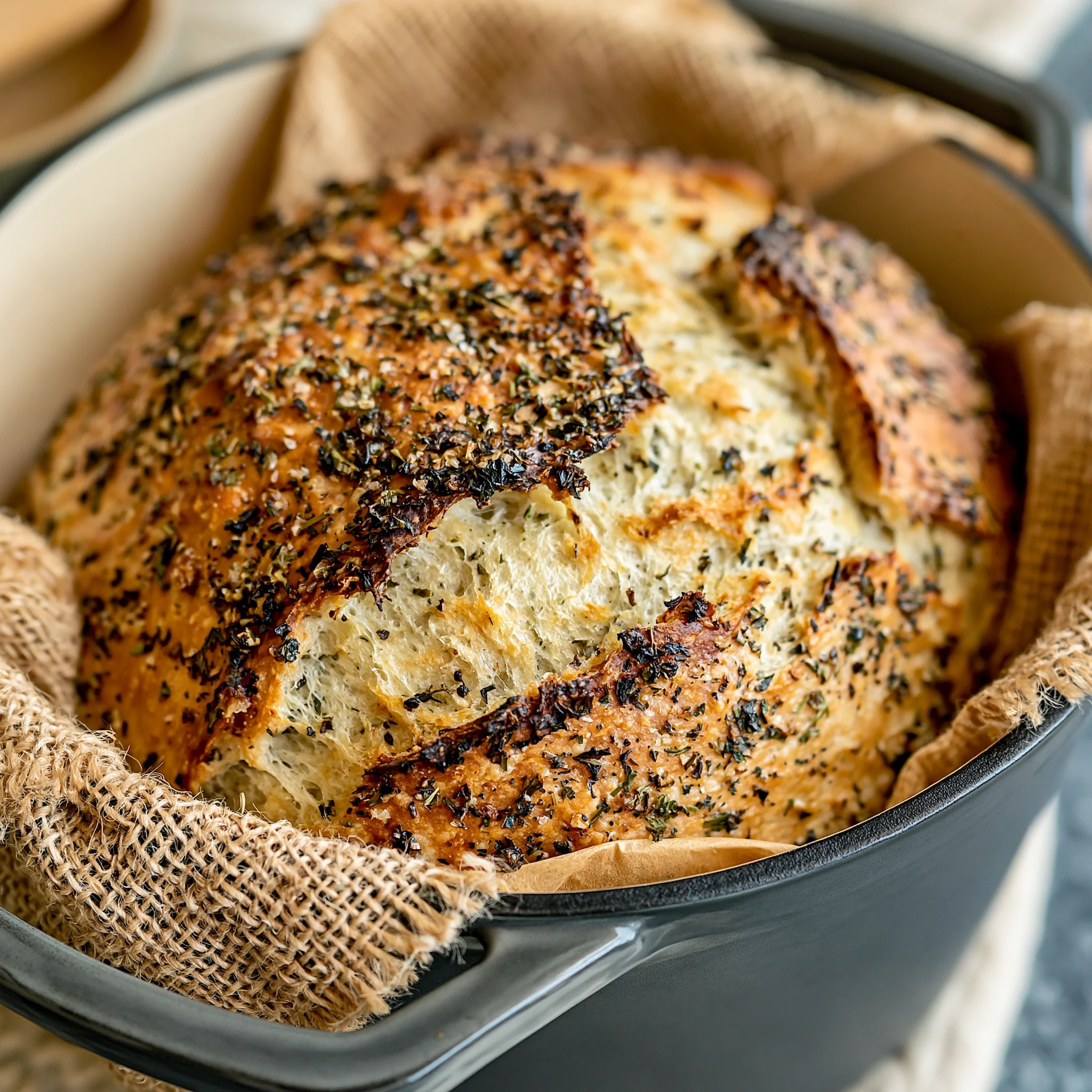 No Knead Garlic Herb Dutch Oven Bread Recipe (Crispy Crust!)